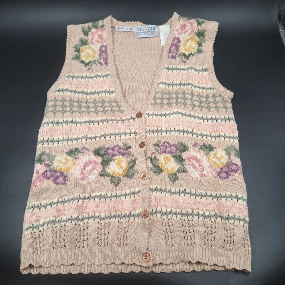 Vintage Jantzen Floral Knit Sweater Vest Women Medium Cottagecore Flowers
